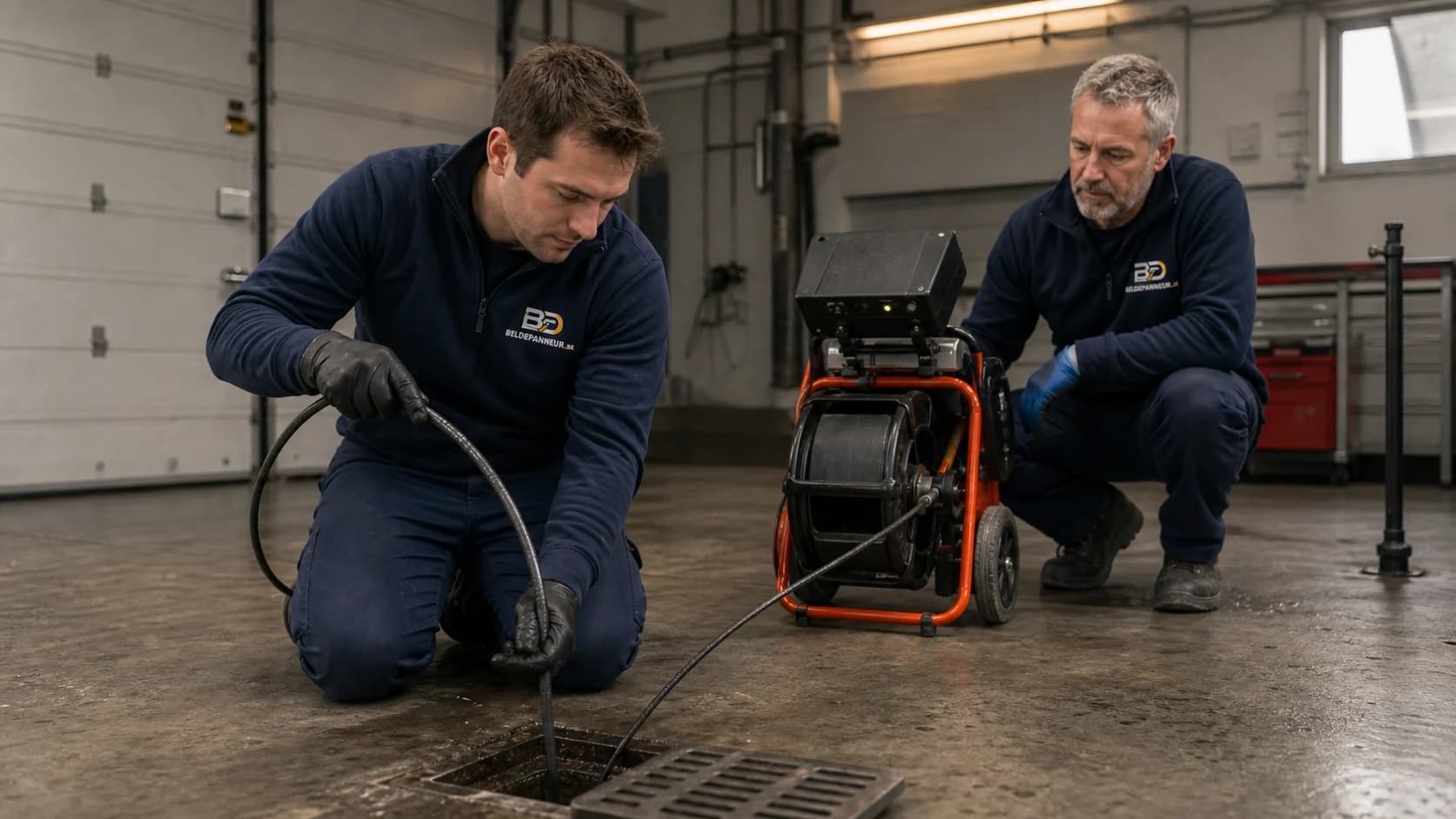 Curage de canalisation par deux techniciens