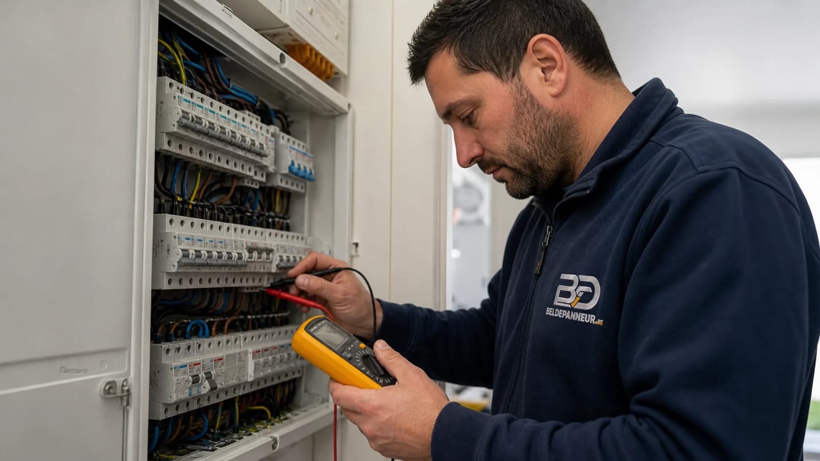 Électricien Bel Dépanneur diagnostiquant un tableau électrique